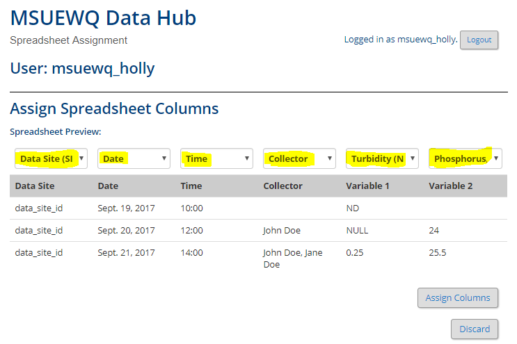 upload bulk data assign column headings screen shot