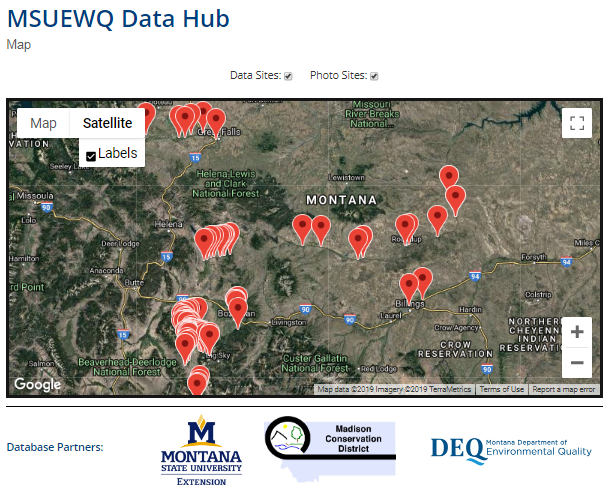 screen shot of the data hub map of sites