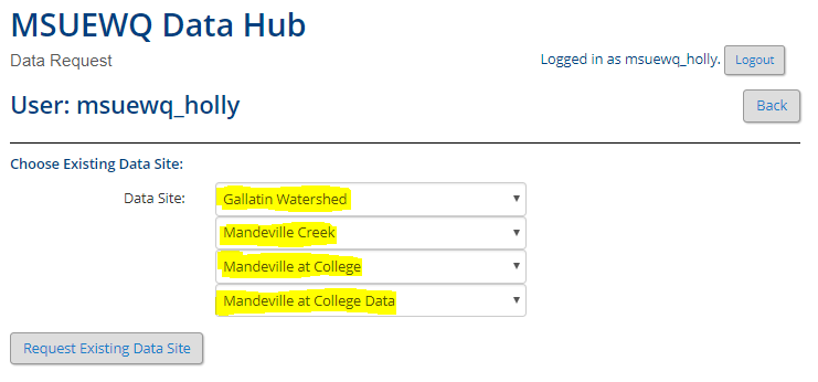 request permission to existing data hub sites screen shot