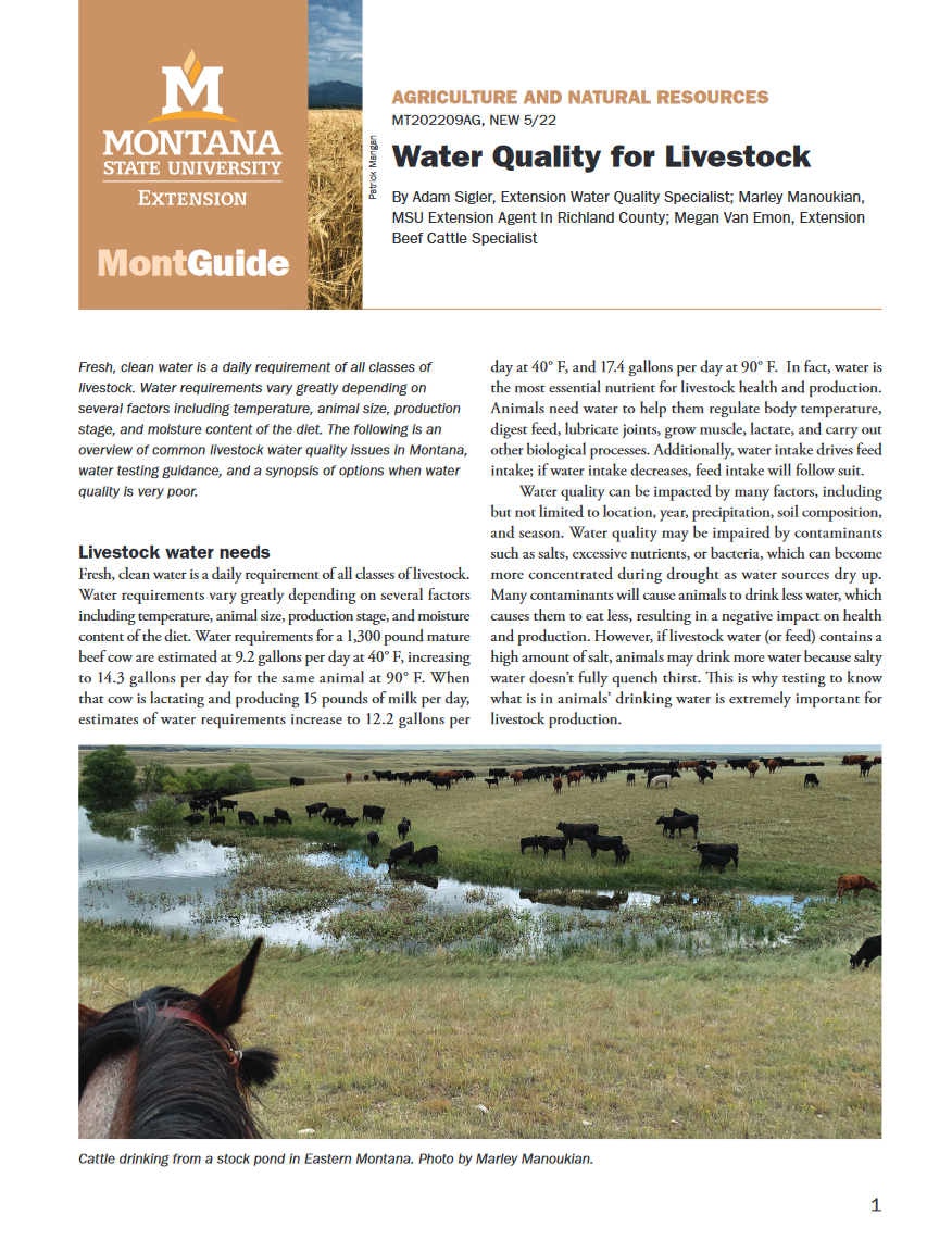 Front page from the Water Quality for Livestock MontGuide