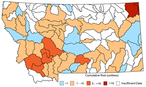 Map showing degree of cumulative human health risk from groundwater by county. 