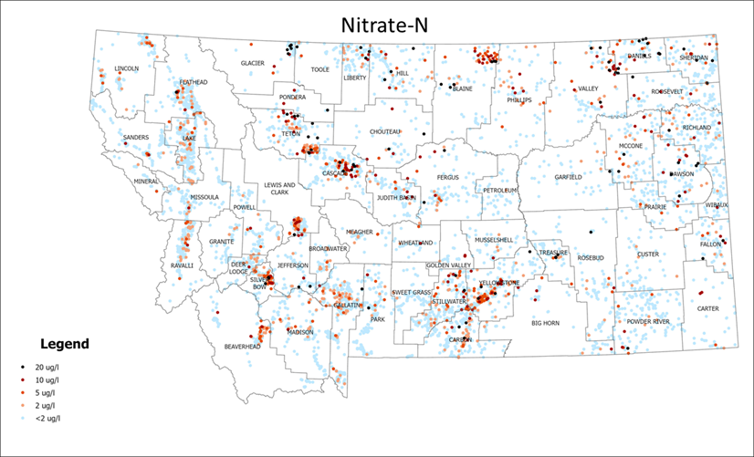 Map showing nitrate concentrations across Montana.